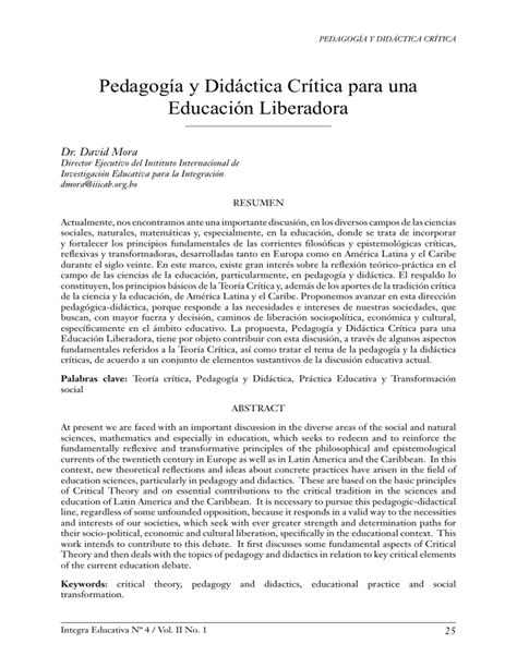 Pedagogía y Didáctica Crítica para una Educación Liberadora David Mora 2009