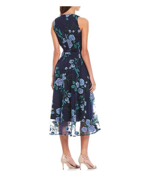 Tahari Floral Embroidered Mesh Midi Dress In Navy Blue Green Blue Lyst