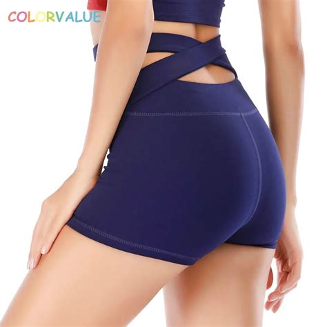 Colorvalue Back Cross Solid Yoga Gym Shorts Women Plus Size High Waist