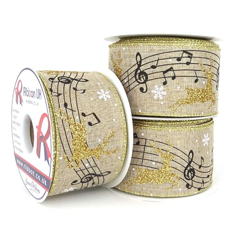 Musical Note Glitter Gold Reindeer Wired Christmas Ribbon Ribbon Uk