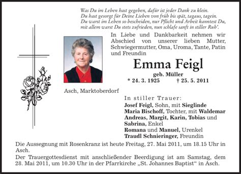 Traueranzeigen Von Emma Feigl Trauer Merkur De