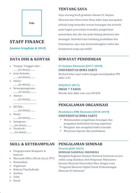 contoh curriculum vitae cv staff finance keuangan  fresh