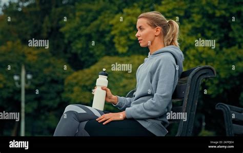 Dehydrated Female Sportswoman Athlete Girl Tired Runner Jogger Quench