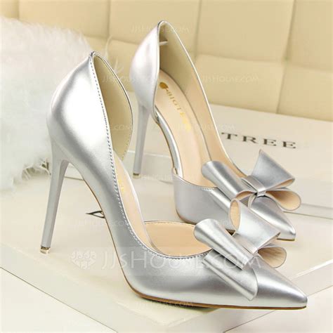 Womens Patent Leather Stiletto Heel Pumps Closed Toe With Bowknot