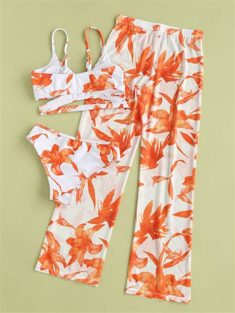 Bikini à imprimé floral avec pantalon de plage pour filles préadolescentes pour l été à la