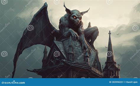 A Gargoyle Perched Atop A Tower Ominous Eyes Glaring Down At The Viewer