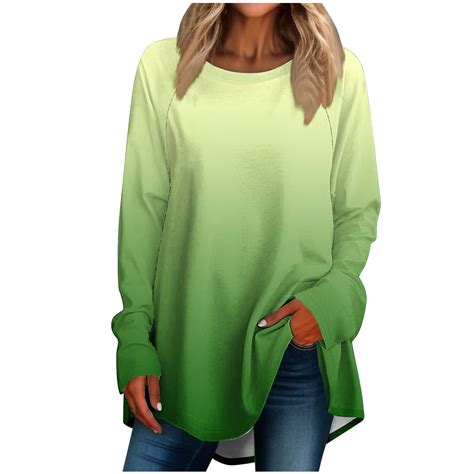 Jalioing Womens Blouses Casual Tunic Length Long Sleeve Shirt Fashion 2024 Gradient Crew Neck