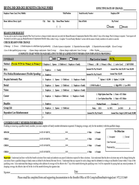 Fillable Online IRVING ISD 2020-2021 BENEFITS CHANGE FORM Fax Email ...