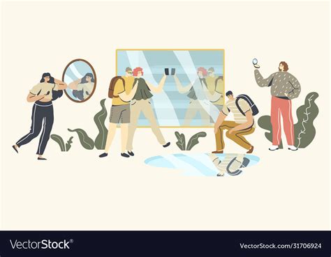 People Looking At Mirror Reflection Self Vector Image