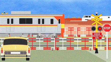 Kereta Api Kartun Railroad Crossing Train Animation Palang Pintu