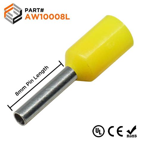 Aw10008l 18awg 8mm Pin Insulated Ferrules Yellow Large Cap