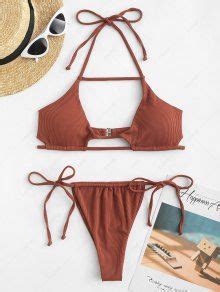 ZAFUL Ribbed Cutout Halter Loincloth Bikini Swimwear In COFFEE ZAFUL 2024