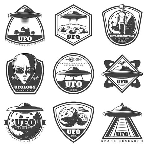 Free Vector Vintage Monochrome UFO Labels Set