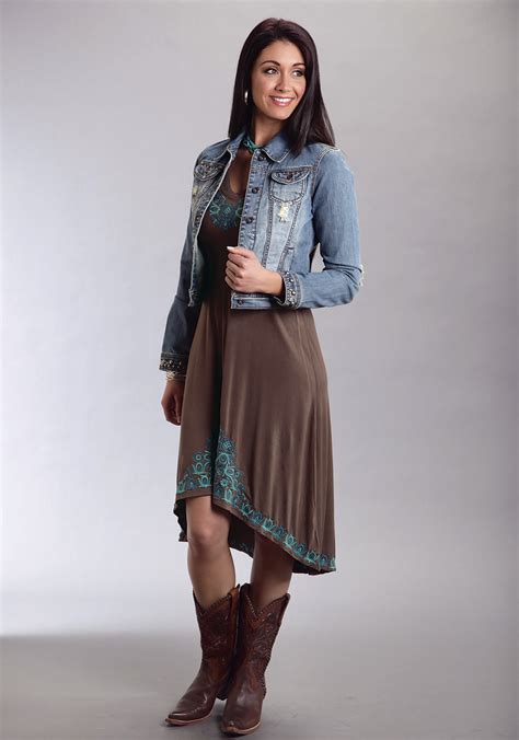 Stetson® Brown Turquoise Embroidered Hi Lo Hem Western Dress