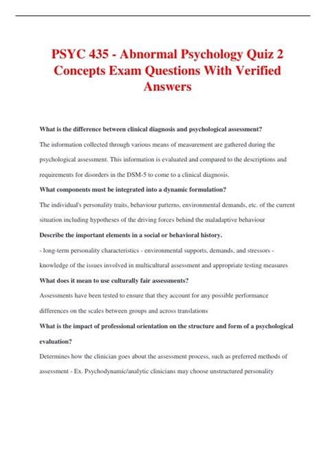 PSYC 435 Abnormal Psychology Quiz 2 Concepts Exam Questions With