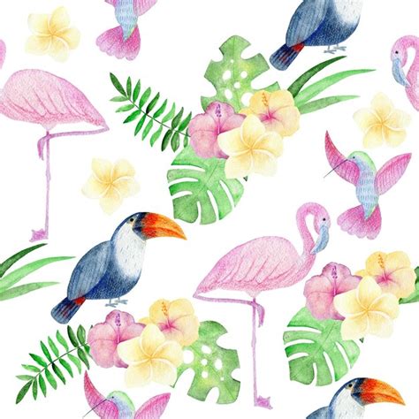 Premium Photo Tropical Watercolor Seamless Pattern With Birds And Flowers