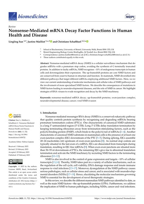 Pdf Nonsense Mediated Mrna Decay Factor Functions In Human Health And