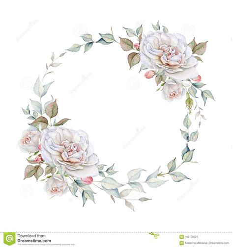 Watercolor Rose Wreath Isolated On White Background Stock Illustration