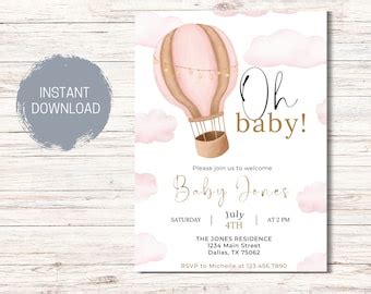 Pink Hot Air Balloon Baby Shower Invitation Template Girl Baby Shower