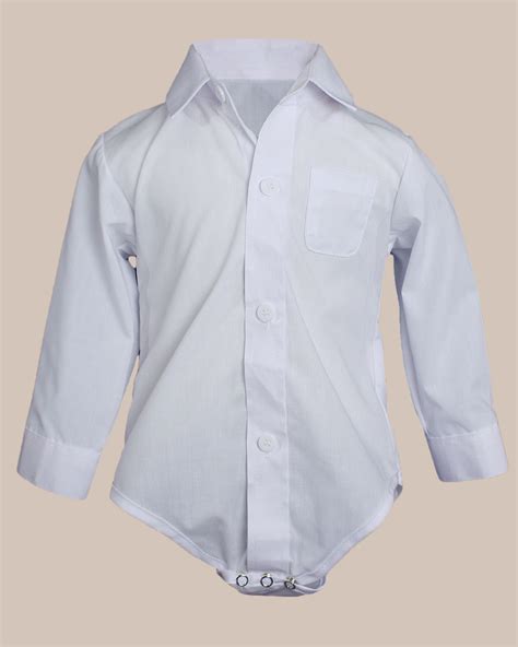 Baby Boys Poly Cotton Button Up White Dress Shirt Bodysuit Romper With