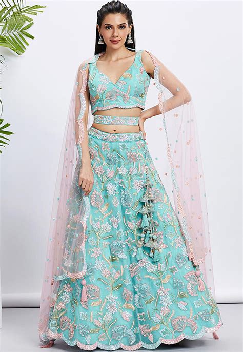 Buy Embroidered Net Scalloped Lehenga In Turquoise Online Lgm