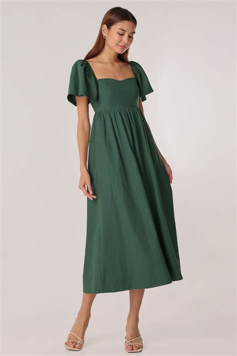 Lucinda Padded Flutter Sleeve Midaxi Dress Castleton Green Lovet