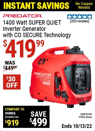 PREDATOR 1400 Watt Super Quiet Inverter Generator with CO SECURE ...