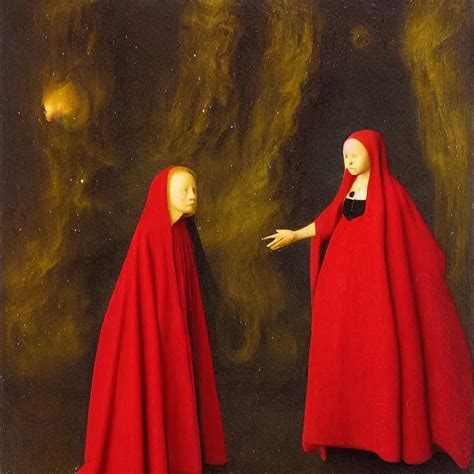 A Woman In A Red Hooded Cloak In A Nebula By Jan Van Stable