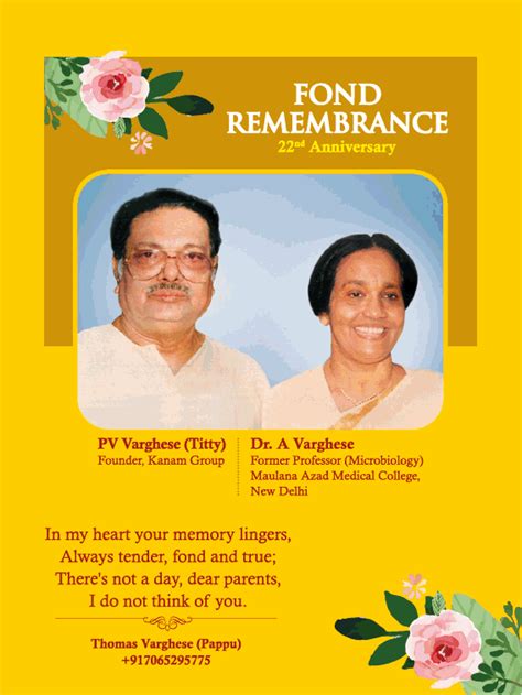 Fond Remembrance 22nd Anniversary Pv Varghese Dr A Varghese Ad Advert