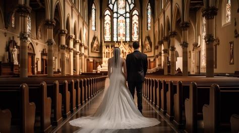 Premium Ai Image A Bride And Groom Walk Down A Aisle In A Church