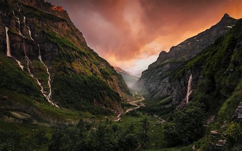 Wallpaper Landscape Waterfall Sunset Rock Nature Clouds Cliff River Valley Canyon