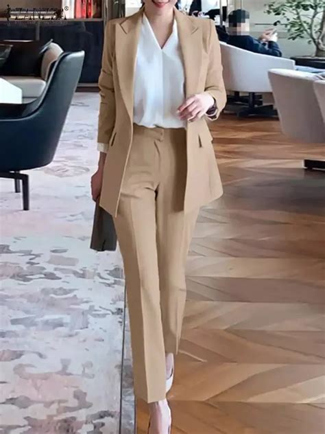 Zanzea Elegant Women Ol Work Pants Sets 2pcs Long Sleeve Blazer Suits Fashion Spring Office