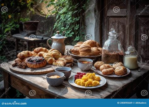 Outdoor Breakfast With Hot Coffee And Pastries Stock Image Image Of