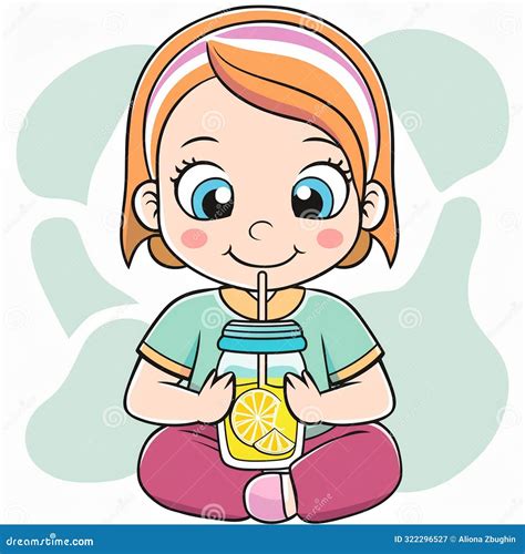 Refreshing Cartoon Girl Drinking Lemonade Stock Illustration