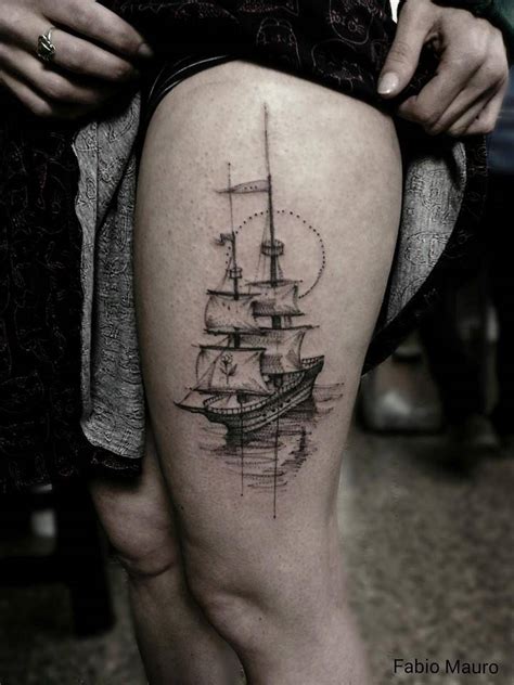 Sketch Work Style Sailing Ship Tattoo On The Left