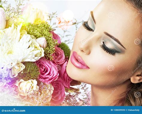 Portrait Of Beautiful Girl With Flowers In Hands Stock Image Image Of