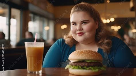 A Fat Woman Eats A Burger In A Cafe Refusing A Healthy Diet The Concept Of The Importance Of A