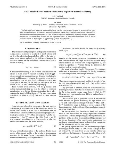 Pdf Total Reaction Cross Section Calculations In Proton Nucleus