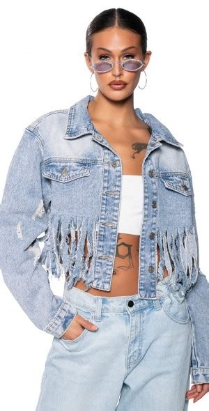 Akira Shredded Fringe Cropped Denim Jacket