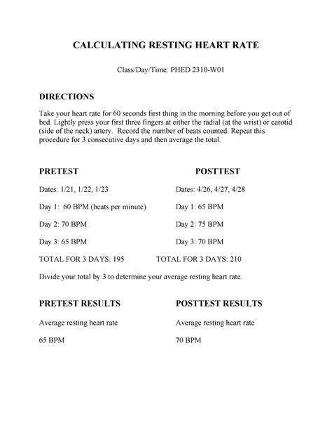 Calculating Resting Heart Rate 2 Calculating Resting Heart Rate Class Day Time Phed 2310 W