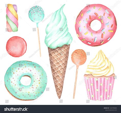 Set Of Donuts Cupcake Ice Cream And Popcakes Isolated On White