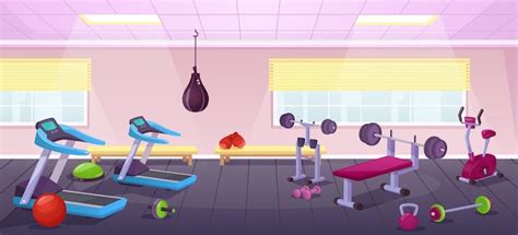 Premium Vector Cartoon Gym Interior With Fitness Equipment City