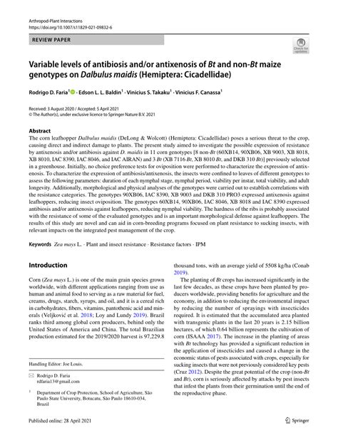 PDF Variable Levels Of Antibiosis And Or Antixenosis Of Bt And Non Bt