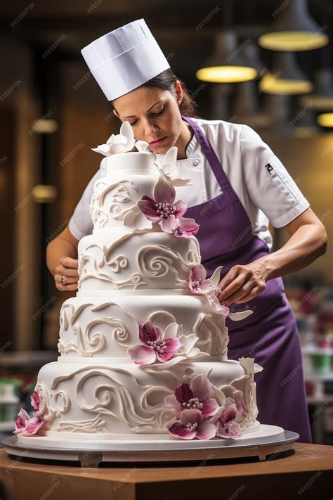 Premium Ai Image A Pastry Chef Delicately Decorating A Multitiered Cake With Intricate Designs