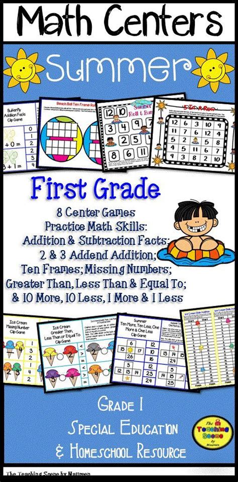 First Grade Summer Math Centers Math Facts Ten Frames Number Order And More Math Center Games