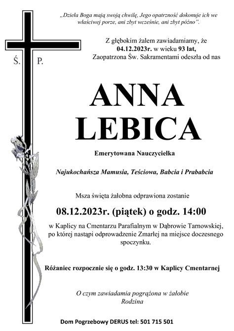 Śp Anna Lebica A W Derus Usługi Pogrzebowe Tarnów