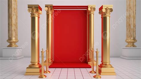 Golden Pillars And Barriers Frame A Red Carpet Leading To An Empty Gold