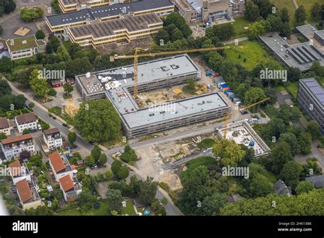 Aerial view, construction site and new building education campus Unna