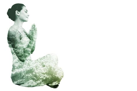 Premium Photo Content Brunette In White Sitting In Lotus Pose Against Snowy Forest