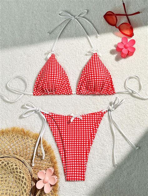 Swim Mod Summer Beach Checkered V Neck Halter Bikini Set Shein Usa